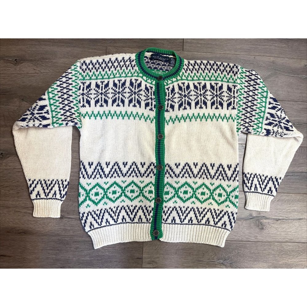 Vintage Eagles Eye‎ Cardigan Sweater Womens Large Green Geometric Cotton Button